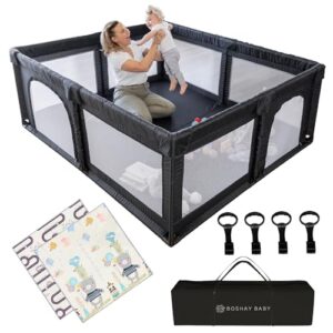 Aussie BOSHAY BABY Playpen with Double-Sided Mat, 1.8m x 1.5m Large Playpen in Grey, Baby/Kids Activity Play Yard, 4 Pull Rings & Storage Bag. Safe Sturdy Baby Play Pen, Anti-Slip Base & 2 Entries