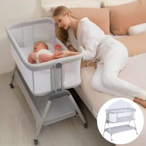 Baby Bassinet with Mattress, Bassinet Co Sleeper 3-in-1 Bedside Bassinets with 5 Adjustable Height, Baby Cot Cribs with Mosquito net and Carrying Bag, for 0-6 Months Babies(Gray)