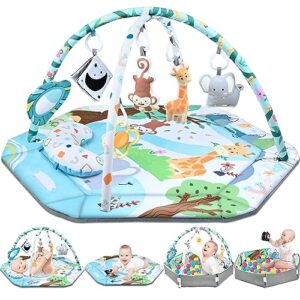 Baby Gym Play Mat, 8-in-1 Tummy Time Mat & Ball Pit with 6 Toys, Washable Baby Activity Play Mat for Visual, Hearing, Sensory, Motor Development, Baby Toys Toddler Infant 0-3-6-9-12 Months