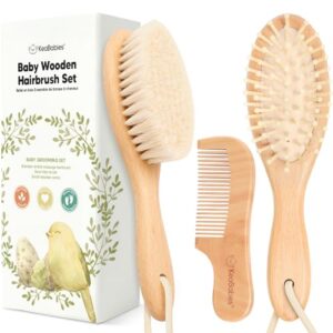 Baby Hair Brush and Baby Comb Set - Baby Brush Set for Newborns, Toddler Hair Brush, Wooden Baby Hair Brushes & Combs, Goat Hair Brush, Infant Hair Brush, Cradle Cap Brush (Oval, Walnut)