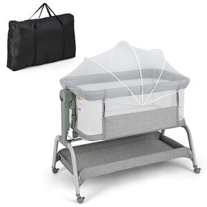 BABY JOY 4 in 1 Baby Bassinet with Mattress, Baby Bedside Sleeper w/Rocking Mode, 6 Adjustable Height, Mosquito Net & Lockable Wheels, Portable Baby Cradle Travel Crib w/Carry Bag (Light Grey)