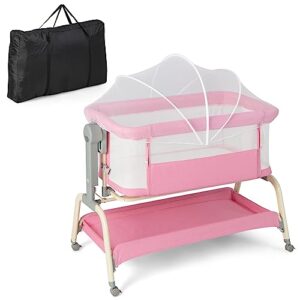 BABY JOY 4 in 1 Baby Bassinet with Mattress, Baby Bedside Sleeper w/Rocking Mode, 6 Adjustable Height, Mosquito Net & Lockable Wheels, Portable Baby Cradle Travel Crib w/Carry Bag (Pink)