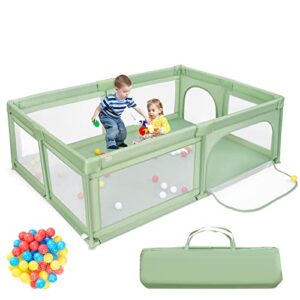 BABY JOY Baby Playpen, 205 x 147 cm Extra-Large Play Yard with 50 Ocean Balls & Carrying Bag, Portable Baby Play Activity Center, Indoor Outdoor Playpen w/Breathable Mesh for Infants & Toddlers (Green)