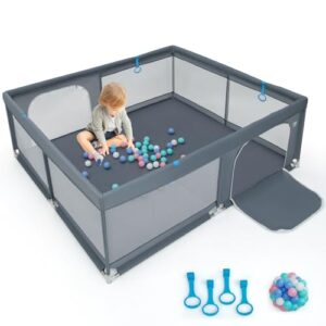 BABY JOY Baby Playpen for Toddlers, 200 x 180 x 68 cm Large Safety Play Yard with 4 Pull Rings & 50 Ocean Balls, Activity Center w/Non-slip Suction Cups, Wide-angle Protection Breathable Mesh & Zipper Door (Grey)