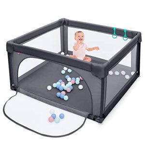 BABY JOY Baby Playpen, Large Play Activity Center for Babies w/50 Balls, 4 Pull Rings, Non-Slip Suction Cups, Indoor Outdoor Infants Toddlers Non-Toxic Safety Playpen (120 x 120 x 68 cm, Dark Grey)