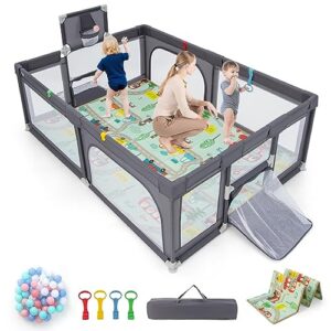 BABY JOY Baby Playpen with Double-Sided Mat, 207 x 145 cm Baby Playard w/Basketball Hoop, Soccer Nets, 4 Pull Rings, 50 Ocean Balls, Carrying Bag, Non-slip Suction Cups, Activity Center for Infants Toddlers, Gray