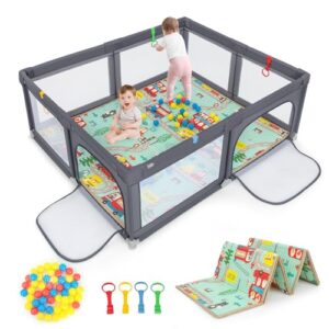 BABY JOY Baby Playpen with Reversible Mat, 185 x 155 x 69 cm Large Play Yard for Infants w/4 Pull Rings, 50 Ocean Balls & Carrying Bag, Portable Baby Activity Center w/Breathable Mesh, Zippered Doors & Rubber Suction Cups (Dark Grey)