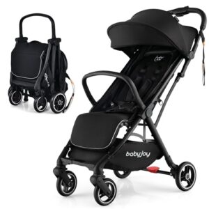 BABY JOY Lightweight Baby Stroller, Compact Travel Stroller for Airplane, Infant Toddler Stroller w/Adjustable Backrest & Canopy, Storage Basket, Self Standing Gravity Fold, Aluminium Frame (Black)