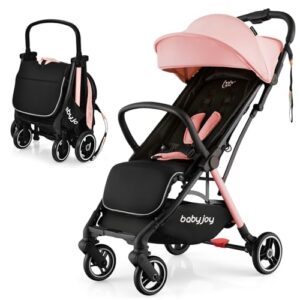 BABY JOY Lightweight Baby Stroller, Compact Travel Stroller for Airplane, Infant Toddler Stroller w/Adjustable Backrest & Canopy, Storage Basket, Self Standing Gravity Fold, Aluminium Frame (Pink)