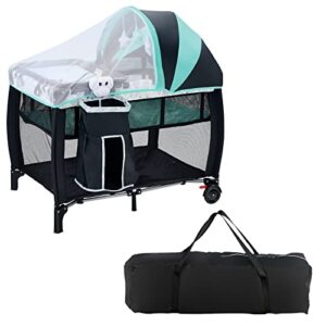 BABY JOY Portable Baby Bassinets, 3-IN-1 Foldable Baby Portacot w/ Canopy & Detachable Net, Soft Mattress, Changing Table, Diaper Pocket, Music Box, Hanging Toys, Lockable Wheels & Carry Bag, Baby Sleeper Playpen Travel Cot for Infant Toddler (Black)