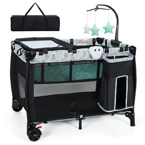 BABY JOY Portable Baby Bassinets, 3-in-1 Foldable Baby Portacot w/Changing Table, Music Box, Hanging Toys, Lockable Wheels & Carry Bag, Folding Travel Cot for Infant Toddler (Black)