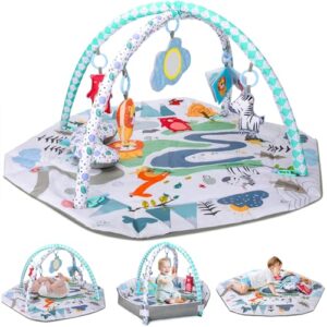 Baby Play Mat Play Gym, Timkos Baby Gyms & Play Mats with Early Development Baby Toys, Baby Gym Playmat with Tummy Time Pillow, High Contrast Toys & Self-Discovery Mirror