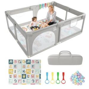 Baby Playpen with Mat 180×150 cm, Baby Play Pen with 50 Balls Pit, 4X Pull Rings, Large Playpens with Play Mat, Durable Zippered Door, Non-Slip Suction Cups, Basket Net and Breathable Mesh