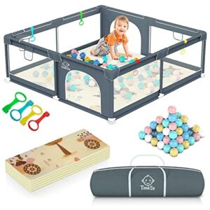 Baby Playpen with Mat 180×150cm, Baby Play Pen Extra-Large Playpens Play Mat with 50 Balls Pit, 4X Handlers, Baby Playmat, Basket Net for Toddler Babies with Breathable Mesh