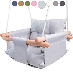 Canvas Baby Swing by Cateam - Gray - Wooden Hanging Swing Seat Chair for Baby with Safety Belt and mounting Hardware. Baby Hammock Chair Birthday Gift.