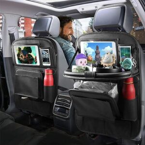 Car Back Seat Organizer with Tray, PU Leathr Backseat Table Holder Storage Bag for Kids Travel Trip, Universal Foldable Seat Back Kick Mat Playmat Stand for Toys, Book, Food, iPad, Tissue,etc