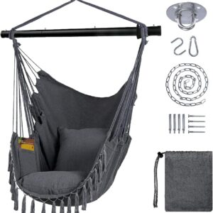 CULOTOL Hammock Chair Hanging Rope Swing Chair with 2 Seat Cushions & Installation Kit, Max 330 Lbs,Hammock Swing Hanging Chair for Bedroom Outside shanging Yard Patio Camping Garden