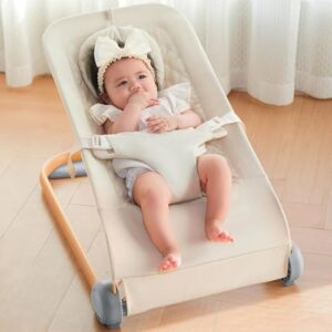 Fodoss Baby Bouncer, Portable Bouncer Seat for Babies, Portable Bedside Bassinet with Wheels, 7 Height Adjustable Baby Bassinet for Infants, Beige