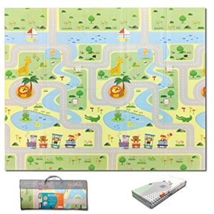 Fun N Well Foldable XPE Baby Play Mat | King Size 197x178cm | Non Allergenic & Safe Foam | Waterproof & Reversible | Fun & Playful Design for Your Kids to Explore | Free Carry Bag for Easy Travel & Storage (Animal Park / Lucky Star)