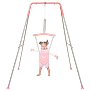 FUNLIO Baby Jumper with Stand for 6-24 Months, Infant Jumper for Indoor/Outdoor Play, Toddler Jumper for Baby Girl/Boy, with Adjustable Chain, Easy to Assemble & Store (with Stand) - Pink