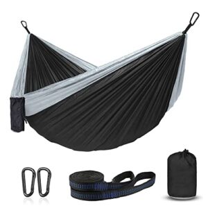 Hammock Camping, Portable Single/Double Hammocks for Outdoor Hiking Travel Backpacking - 210D Nylon Hammock Swing for Backyard & Garden (Black/Gray)