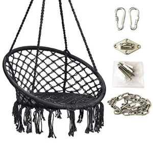 Hanging Rope Hammock Lounger Chair Macrame Porch Swing with Hooks Chain Ceiling Mount Set for Indoor Outdoor Home Bedroom Patio Yard Garden,Max 350 Lbs (Not Included Cushion or Pillow) Black