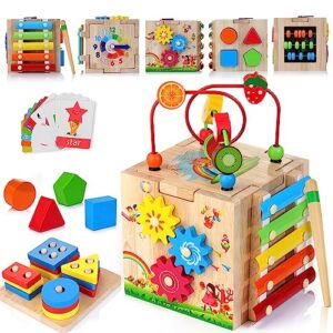 HELLOWOOD Wooden Activity Cube Baby Toys, 8-in-1 Montessori Educational Toy Set, Bead Maze Shape Sorter Abacus Xylophone Words & Clock Learning, STEM Toys for Boys Girls Toddlers Age 1 2 3