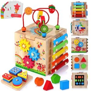 HELLOWOOD Wooden Kids Baby Activity Cube, 8-in-1 Toys Set for 12M+ Boys & Girls, Multifunctional Activity Cube, Montessori Learning Toys for Toddlers Age 1-3