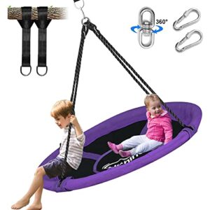 Hishine 110cm Saucer Tree Swing for Kids, 360Â° Rotate Waterproof Flying Saucer Swing with Swivel, Hanging Straps, Adjustable Ropes, Round Mat Spinner Swing for Tree/Swing Set (Purple)