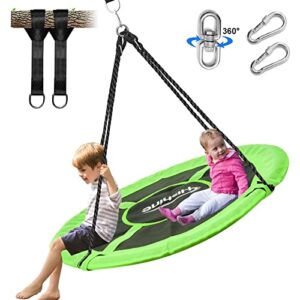 Hishine 110cm Saucer Tree Swing for Kids, 360Â° Rotate Waterproof Flying Saucer Swing with Swivel, Hanging Straps, Adjustable Ropes, Round Mat Spinner Swing for Tree/Swing Set(Green)