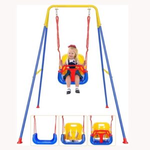 HOMKAI Kids Swing Set, 3-in-1 Swings with Foldable Heavy-Duty Metal Frame Stand, Non-Slip Swing Seat for Toddler & Baby Jumper Indoor Outdoor Garden Playground, Easy to Assemble & Store