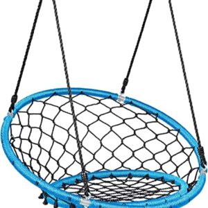 HONEY JOY 35"/90cm Web Chair Swing, Kids Tree Swing Net Hanging Swing Chair with Adjustable Hanging Ropes and Durable Steel Frame, Max 150kg Capacity Kids Hammock Chair for Park Backyard (Blue)