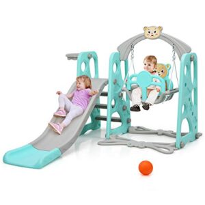 HONEY JOY 4 in 1 Toddler Slide and Swing Set, Kids Play Climber Slide Playset with Basketball Hoop, Extra Long Slide & Ball, Baby Swing Set for Indoor Outdoor Backyard (Green)