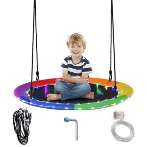 HONEY JOY 40"/100CM Saucer Tree Swing with LED Lights, Indoor Outdoor Saucer Swing for Kids Adults w/Adjustable Multi-Strand Hanging Ropes, Safe Round Swing for Backyard, 660LBS/300KG Weight Capacity