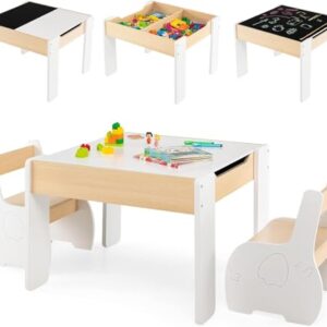 HONEY JOY Kids Table and Chairs Set, 4-in-1 Wooden Activity Table and 2 Chairs for Drawing, Studying, 3 PCS Desk Furniture Set for Children w/Storage, 2-in-1 Tabletop, for Playroom, Daycare (White)