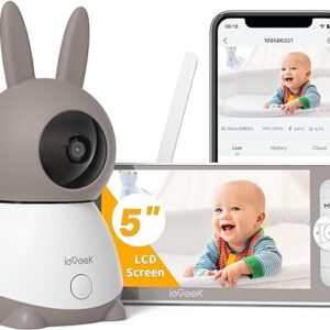 ieGeek 2K Baby Monitor with 5" HD LCD, WiFi Video Monitor with Camera and 2 Way Audio, PTZ Auto Tracking, Mobile APP and Wireless Monitor No WiFi Control, Cry Detection, Temperature