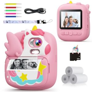 Kids Camera Instant Print, 12MP & 1080P Instant Camera for Kids with 32G Card & Print Paper, Selfie Digital Video Camera for Toddler,Christmas Birthday Gifts for Girls Boy Age 3-12 (Pink)