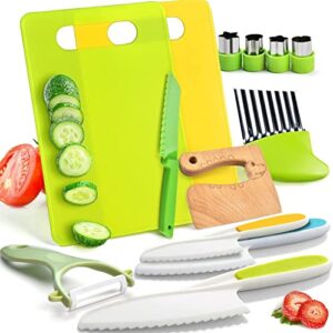 Kids Safe Knife Set -13 Pieces Montessori Kitchen Tools for Toddlers - Kids Cooking Sets, Toddler Knife for Real Cooking with Safe Knives/Crinkle Cutter/Kids Cutting Board/Peeler/Fruit Cutters Shapes