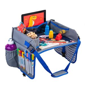 Kids Travel Tray - a Car Seat Tray - Travel Lap Desk Accessory for Your Child's Rides and Flights - It's a Collapsible Organizer That Keeps Children Entertained Holding Their Toys (Blue)