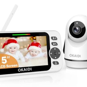 OKAIDI Video Baby Monitor with Camera and Audio, 5/'' Display No WiFi, 30H Battery 8 Language Monitor, Remote Pan-Tilt-Zoom 1000ft Range Camera, Night Vision, 2-Way Talk, VOX, full