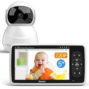 Omebel Baby Monitor, 720P 5" Baby Camera Monitor, Night Vision, 4X Pan-Tilt Zoom, Auto Noise Cancellation, Temperature Display, Baby Monitor with 8PCS Lullabies