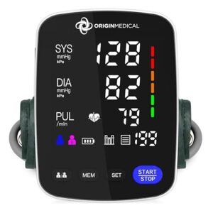 Origin Medical Digital Blood Pressure Monitor with Large Colour Screen, Fast and Accurate Measurements, Universal Arm Cuff, Carry Case and Batteries Included