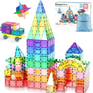 PicassoTiles 101pc Magnetic Tile Building Blocks with Car Base Drawstring Carry Toy Storage Bag Magnetized Block for Kids Magnet ToySet Educational STEM Learning Child Brain Development Ages 3+ PC101