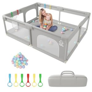 Playpen Baby Play Pen 200 x 160 cm, Baby Playpen with 50 Ocean Balls, 6X Pull Rings, Non-Slip Extra Large Playpen for Toddlers with Durable Zippered Door, Storage Bag for Outdoor Use