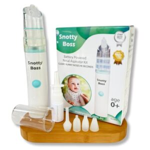 Snotty Boss Baby Nasal Aspirator - Electric Nose Sucker for Baby - Auto Snot & Nose Cleaner Kit with 4 Silicone Tips, Carry Bag & Saline Spray Bottle - AA Battery Operated - Australian Owned