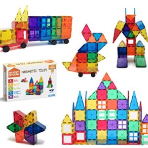 STEAM STUDIO 120pcs Magnetic Tiles Including Two Cars, Secured with Rivets, BPA Free Kids Toys, Rainbow Colours Building Blocks Toddler Toys for Boys Girls, Building & Construction