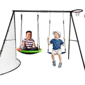 Swing Set for Backyard Outdoor Metal Swing Playset A Frame Stand with Football Net Basketball Hoop Platform Swing and Belt Swing 500LBS 4-in-1 Playset for Kids 3-8 Years Old