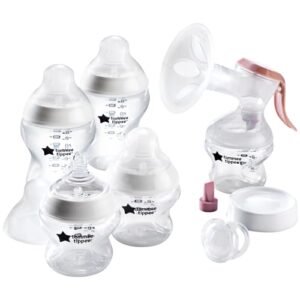 TOMMEE TIPPEE Closer to Nature Breastfeeding Kit, Manual Breast Pump, Baby Bottles and Slow Flow Teats, 0-6m Soother, Breastmilk Storage Lids