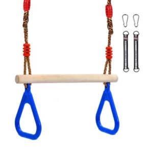 Trapeze Swing Bar Rings, VIsuIvit Children's Wooden Trapeze Swing Bar with Adjustable Rope, Locking Straps, Outdoor Swing Set Playground Accessories Gym Rings for Kids (Blue)