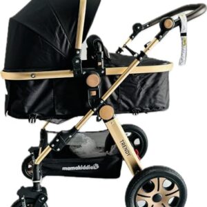 Trendy Black Gold Convertible 2in1 Aluminium Alloy Pram Stroller Bassinet Rain Cover, Foot Cover, Cup Holder, Inner Cushion, Mosquito Net Included